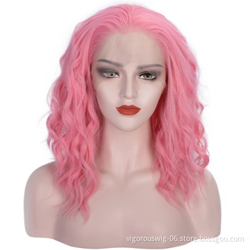 Vigorous Short Bob Wavy Lace Front Wigs for White Women Curly Wavy Pink Wig Heat Resistant Synthetic Free Part Cosplay Wig